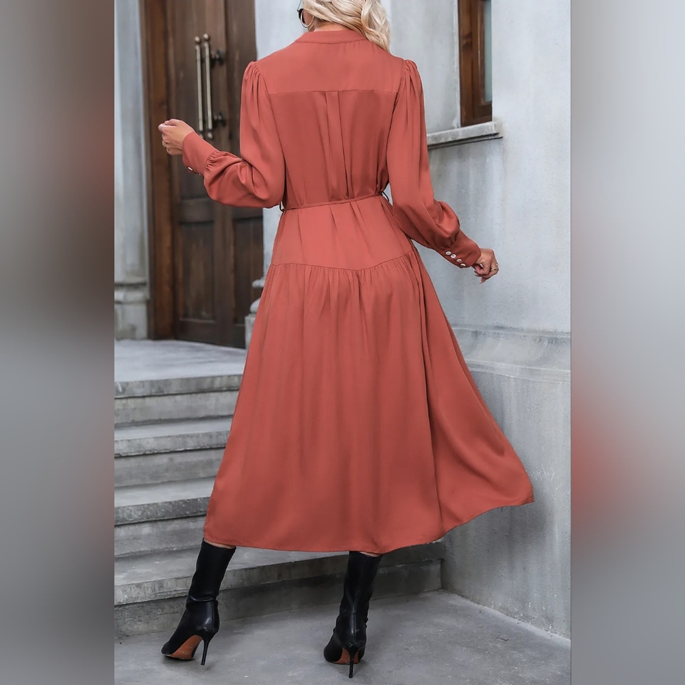 NWT - Boutique - Button Down Notched Neck Red Orange Midi Dress - Size L - Picture 2 of 8